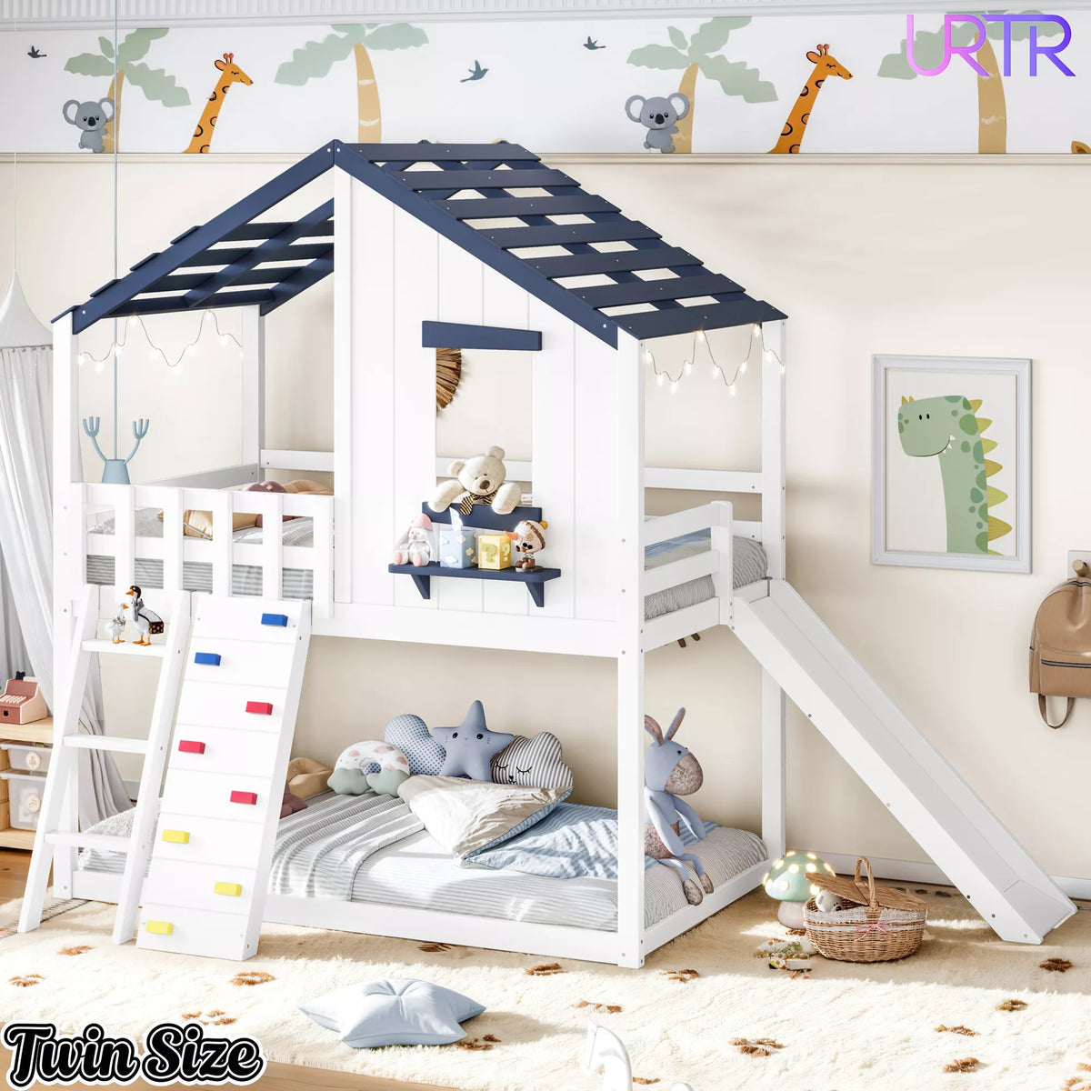URTR Playhouse Loft Bed with Slide, Ladder & House Roof Design, Kids Loft Bed with Window, Convertible Bunk Bed