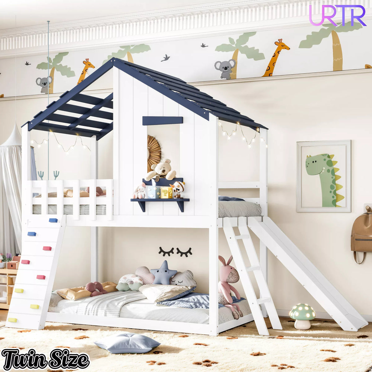 URTR Playhouse Loft Bed with Slide, Ladder & House Roof Design, Kids Loft Bed with Window, Convertible Bunk Bed