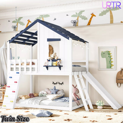 URTR Playhouse Loft Bed with Slide, Ladder & House Roof Design, Kids Loft Bed with Window, Convertible Bunk Bed