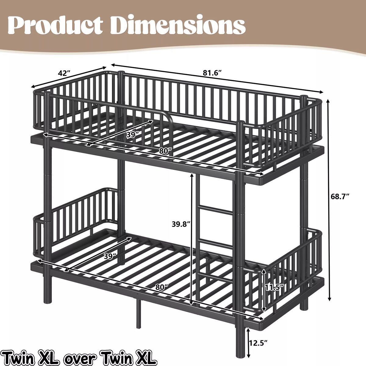 URTR Metal Bunk Bed with Guardrails & Ladder, Convertible Bunk Bed Frame Transforms into 2 Platform Beds