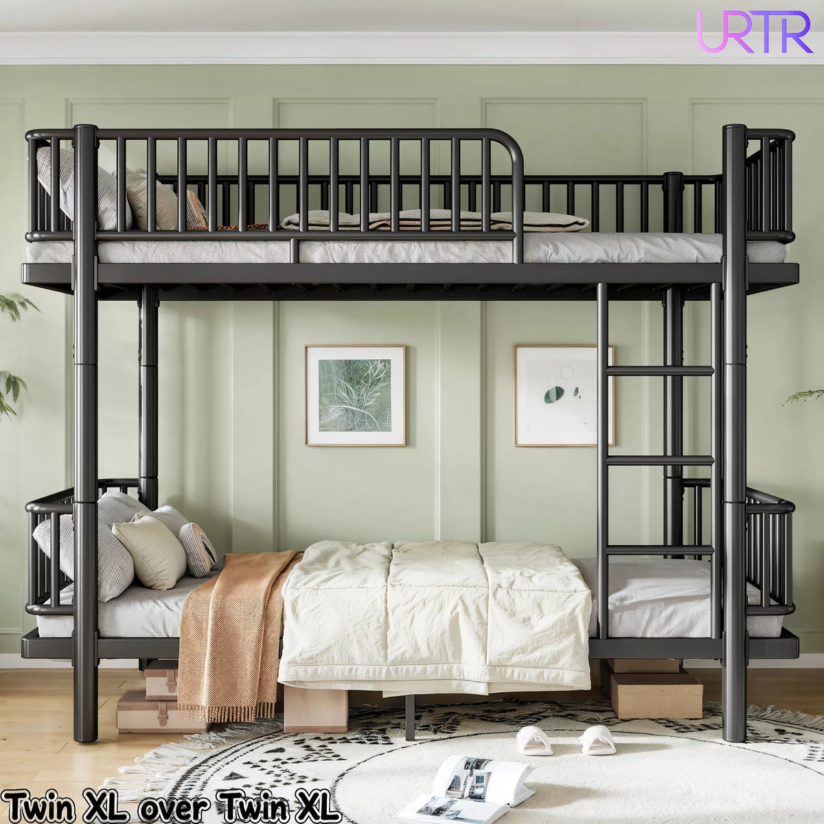URTR Metal Bunk Bed with Guardrails & Ladder, Convertible Bunk Bed Frame Transforms into 2 Platform Beds
