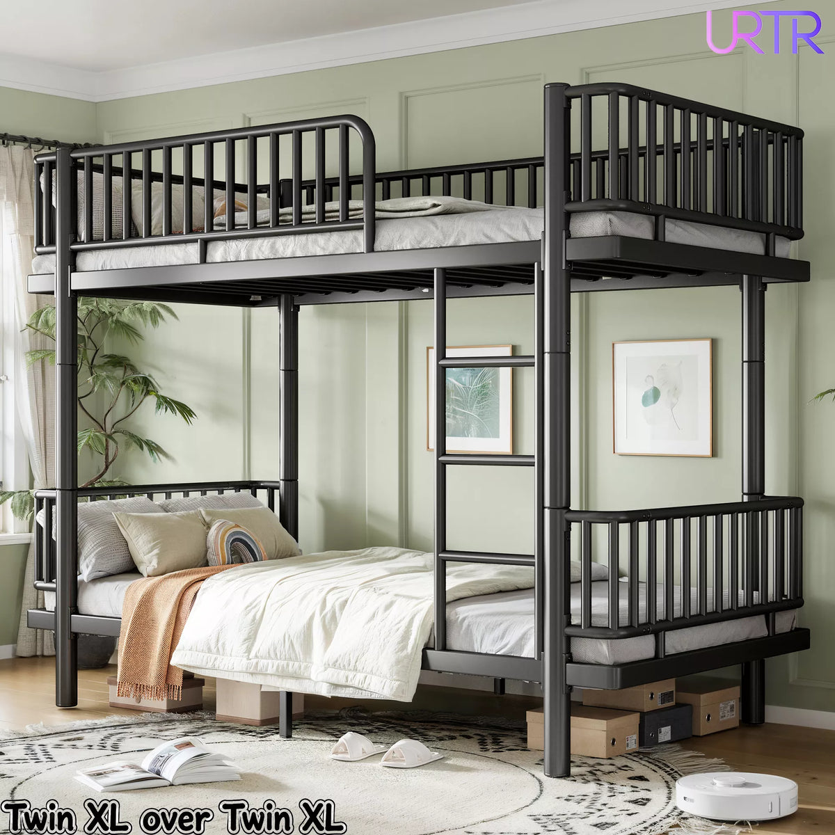 URTR Metal Bunk Bed with Guardrails & Ladder, Convertible Bunk Bed Frame Transforms into 2 Platform Beds