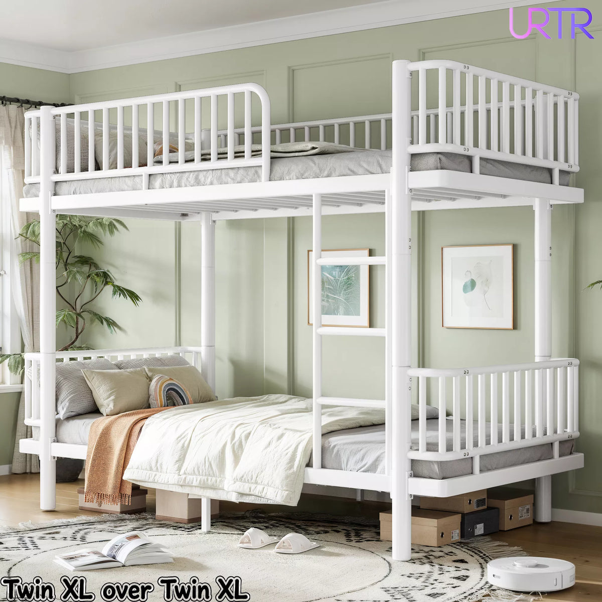 URTR Metal Bunk Bed with Guardrails & Ladder, Convertible Bunk Bed Frame Transforms into 2 Platform Beds