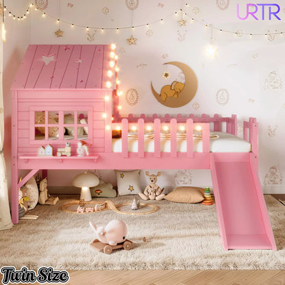 URTR Full Size Kids Low Loft Bed with Slide,House Loft Bed with LED Lights and Ladder,Solid Wood Girls Loft Bed Frame with Safety Guardrails for Girls Boys,Natural
