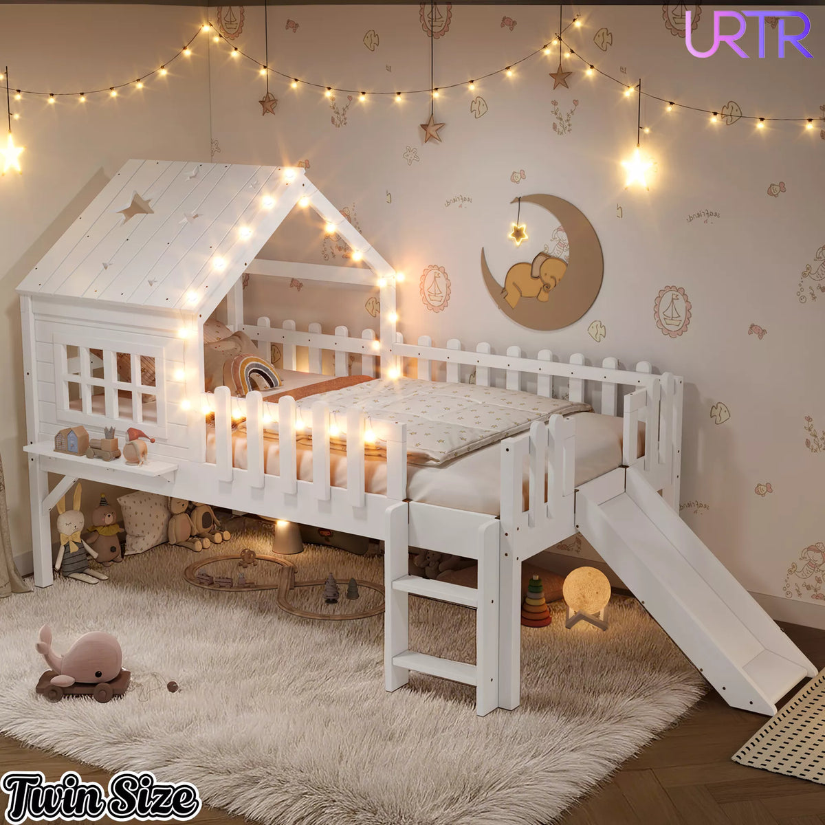 URTR Full Size Kids Low Loft Bed with Slide,House Loft Bed with LED Lights and Ladder,Solid Wood Girls Loft Bed Frame with Safety Guardrails for Girls Boys,Natural