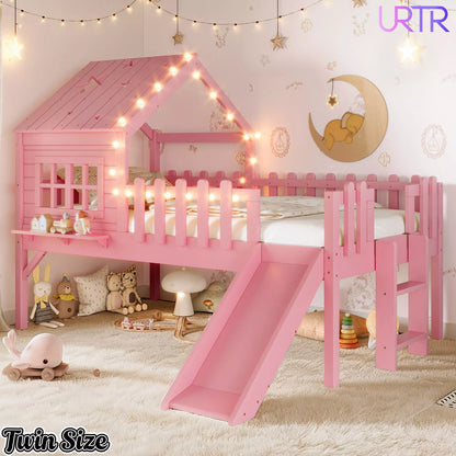 URTR Full Size Kids Low Loft Bed with Slide,House Loft Bed with LED Lights and Ladder,Solid Wood Girls Loft Bed Frame with Safety Guardrails for Girls Boys,Natural
