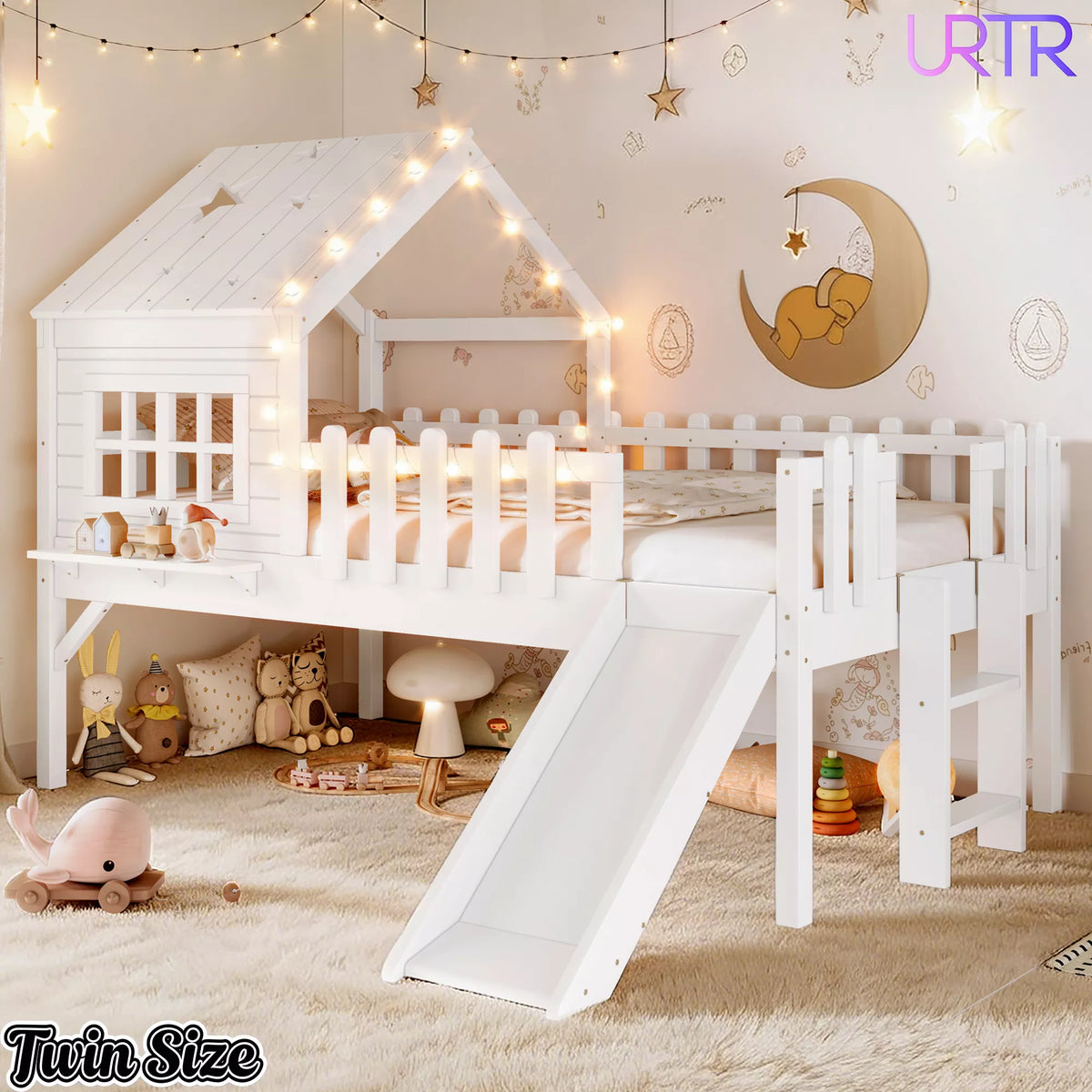 URTR Full Size Kids Low Loft Bed with Slide,House Loft Bed with LED Lights and Ladder,Solid Wood Girls Loft Bed Frame with Safety Guardrails for Girls Boys,Natural