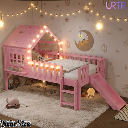 URTR Full Size Kids Low Loft Bed with Slide,House Loft Bed with LED Lights and Ladder,Solid Wood Girls Loft Bed Frame with Safety Guardrails for Girls Boys,Natural