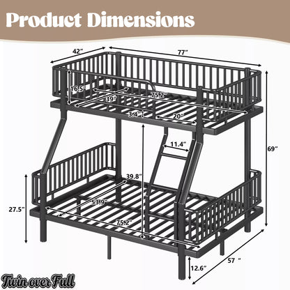 URTR Metal Bunk Bed with Guardrails & Ladder, Convertible Bunk Bed Frame Transforms into 2 Platform Beds