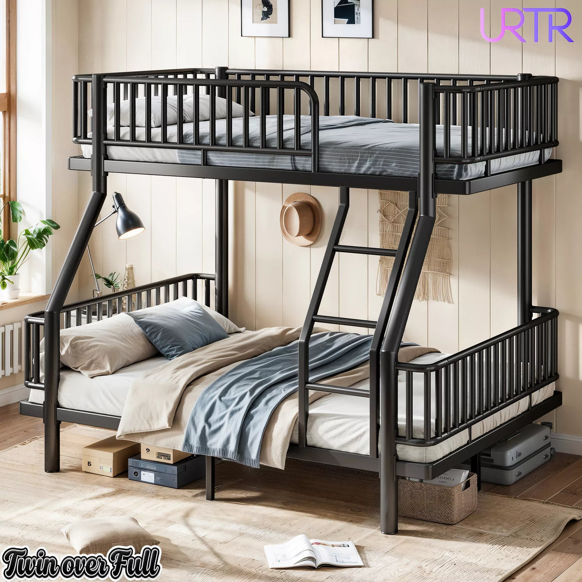 URTR Metal Bunk Bed with Guardrails & Ladder, Convertible Bunk Bed Frame Transforms into 2 Platform Beds