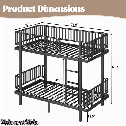 URTR Metal Bunk Bed with Guardrails & Ladder, Convertible Bunk Bed Frame Transforms into 2 Platform Beds