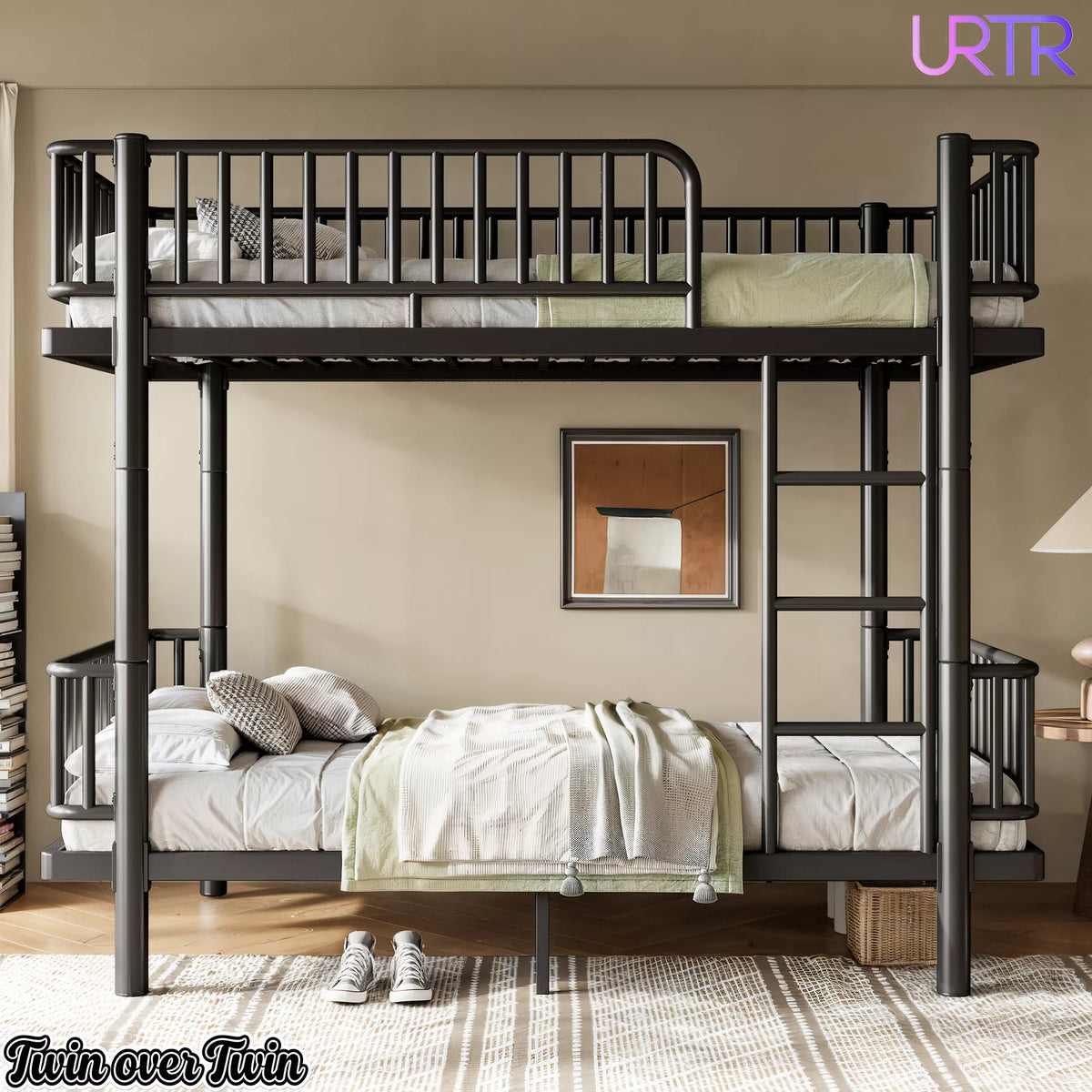 URTR Metal Bunk Bed with Guardrails & Ladder, Convertible Bunk Bed Frame Transforms into 2 Platform Beds