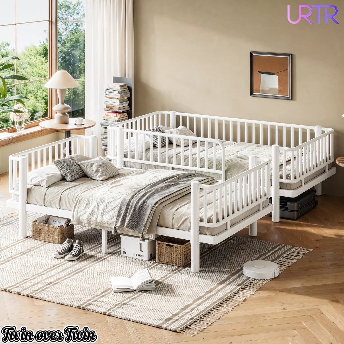 URTR Metal Bunk Bed with Guardrails & Ladder, Convertible Bunk Bed Frame Transforms into 2 Platform Beds