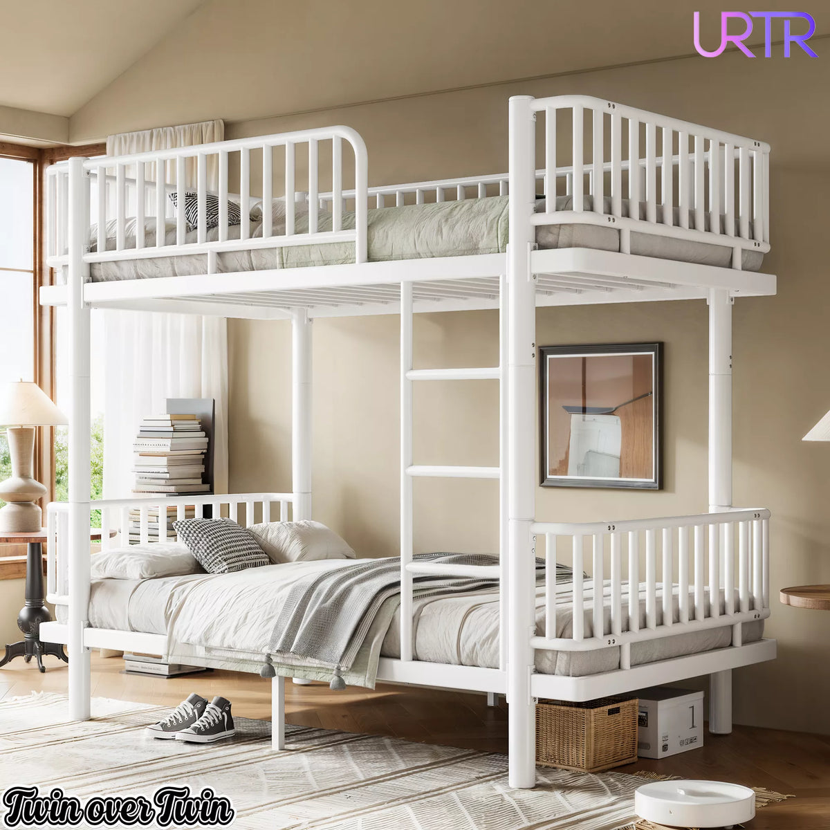 URTR Metal Bunk Bed with Guardrails & Ladder, Convertible Bunk Bed Frame Transforms into 2 Platform Beds