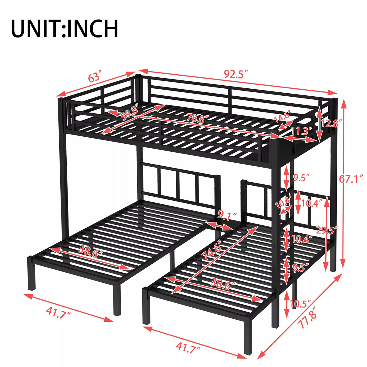 URTR Triple Bunk Bed for Kids, Detachable Metal Bunk Bed with Guardrails, Ladder & Storage, Converts to 3 Separate Beds