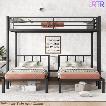 URTR Triple Bunk Bed for Kids, Detachable Metal Bunk Bed with Guardrails, Ladder & Storage, Converts to 3 Separate Beds