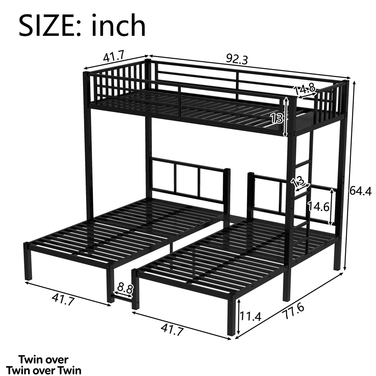 URTR Triple Bunk Bed for Kids, Detachable Metal Bunk Bed with Guardrails, Ladder & Storage, Converts to 3 Separate Beds