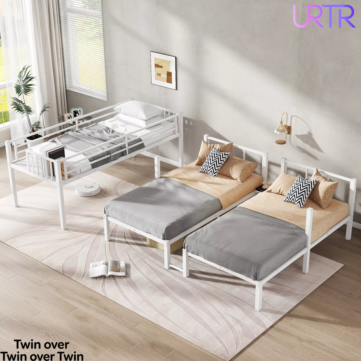 URTR Triple Bunk Bed for Kids, Detachable Metal Bunk Bed with Guardrails, Ladder & Storage, Converts to 3 Separate Beds