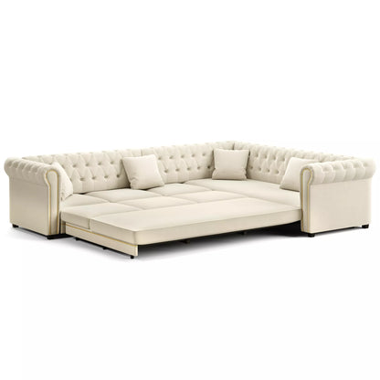 URTR L-Shaped Sleeper Sofa with Pull Out Bed, Convertible Velvet Sectional Couch with Deep Seating and Chesterfield Style