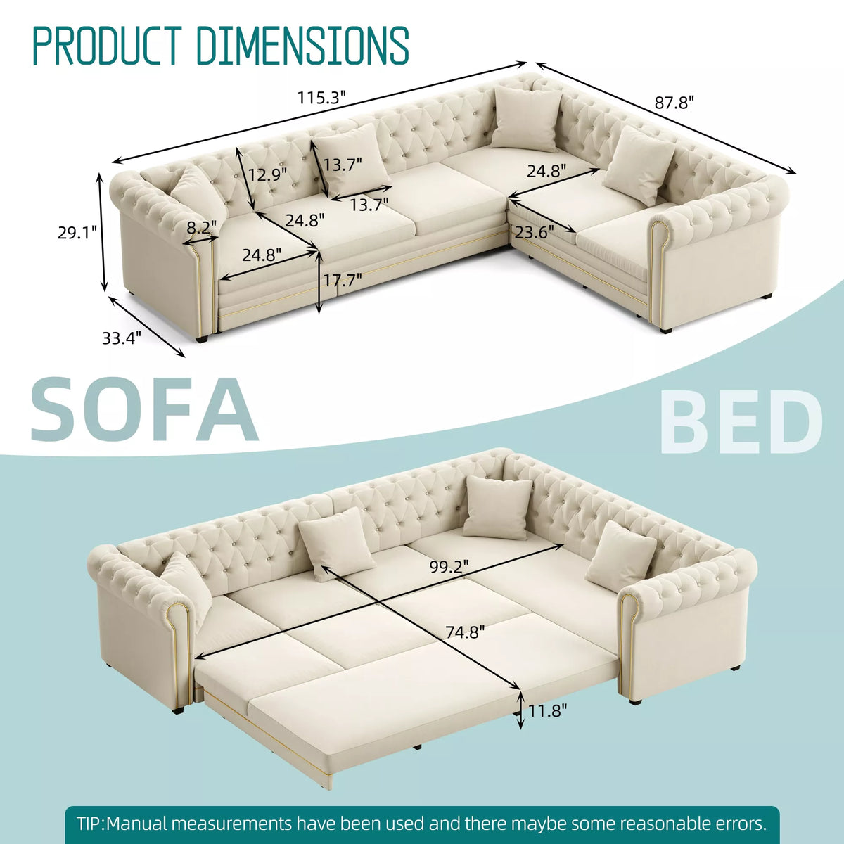 URTR L-Shaped Sleeper Sofa with Pull Out Bed, Convertible Velvet Sectional Couch with Deep Seating and Chesterfield Style
