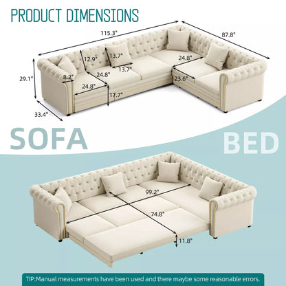 URTR L-Shaped Sleeper Sofa with Pull Out Bed, Convertible Velvet Sectional Couch with Deep Seating and Chesterfield Style