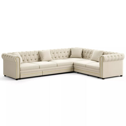 URTR L-Shaped Sleeper Sofa with Pull Out Bed, Convertible Velvet Sectional Couch with Deep Seating and Chesterfield Style