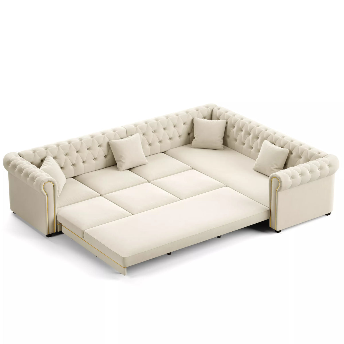 URTR L-Shaped Sleeper Sofa with Pull Out Bed, Convertible Velvet Sectional Couch with Deep Seating and Chesterfield Style
