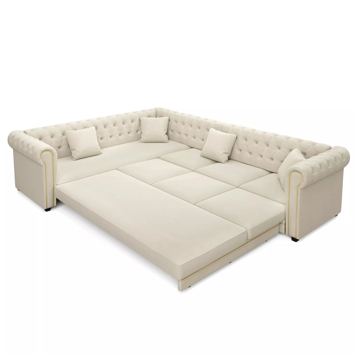 URTR L-Shaped Sleeper Sofa with Pull Out Bed, Convertible Velvet Sectional Couch with Deep Seating and Chesterfield Style