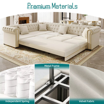 URTR L-Shaped Sleeper Sofa with Pull Out Bed, Convertible Velvet Sectional Couch with Deep Seating and Chesterfield Style