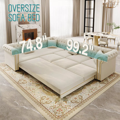 URTR L-Shaped Sleeper Sofa with Pull Out Bed, Convertible Velvet Sectional Couch with Deep Seating and Chesterfield Style