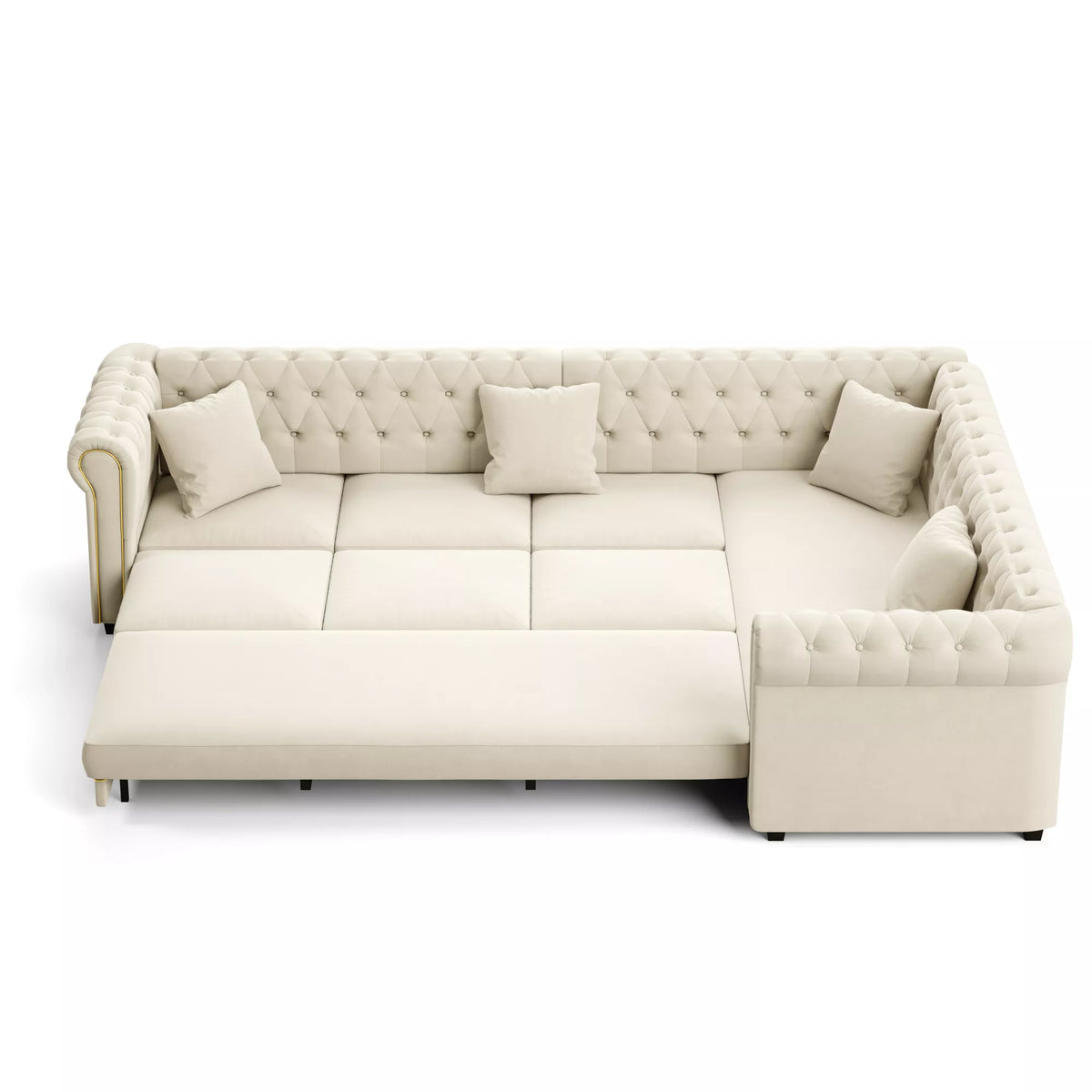 URTR L-Shaped Sleeper Sofa with Pull Out Bed, Convertible Velvet Sectional Couch with Deep Seating and Chesterfield Style