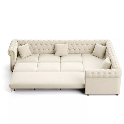 URTR L-Shaped Sleeper Sofa with Pull Out Bed, Convertible Velvet Sectional Couch with Deep Seating and Chesterfield Style
