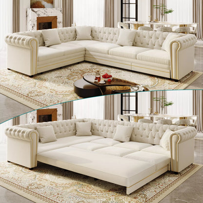 URTR L-Shaped Sleeper Sofa with Pull Out Bed, Convertible Velvet Sectional Couch with Deep Seating and Chesterfield Style
