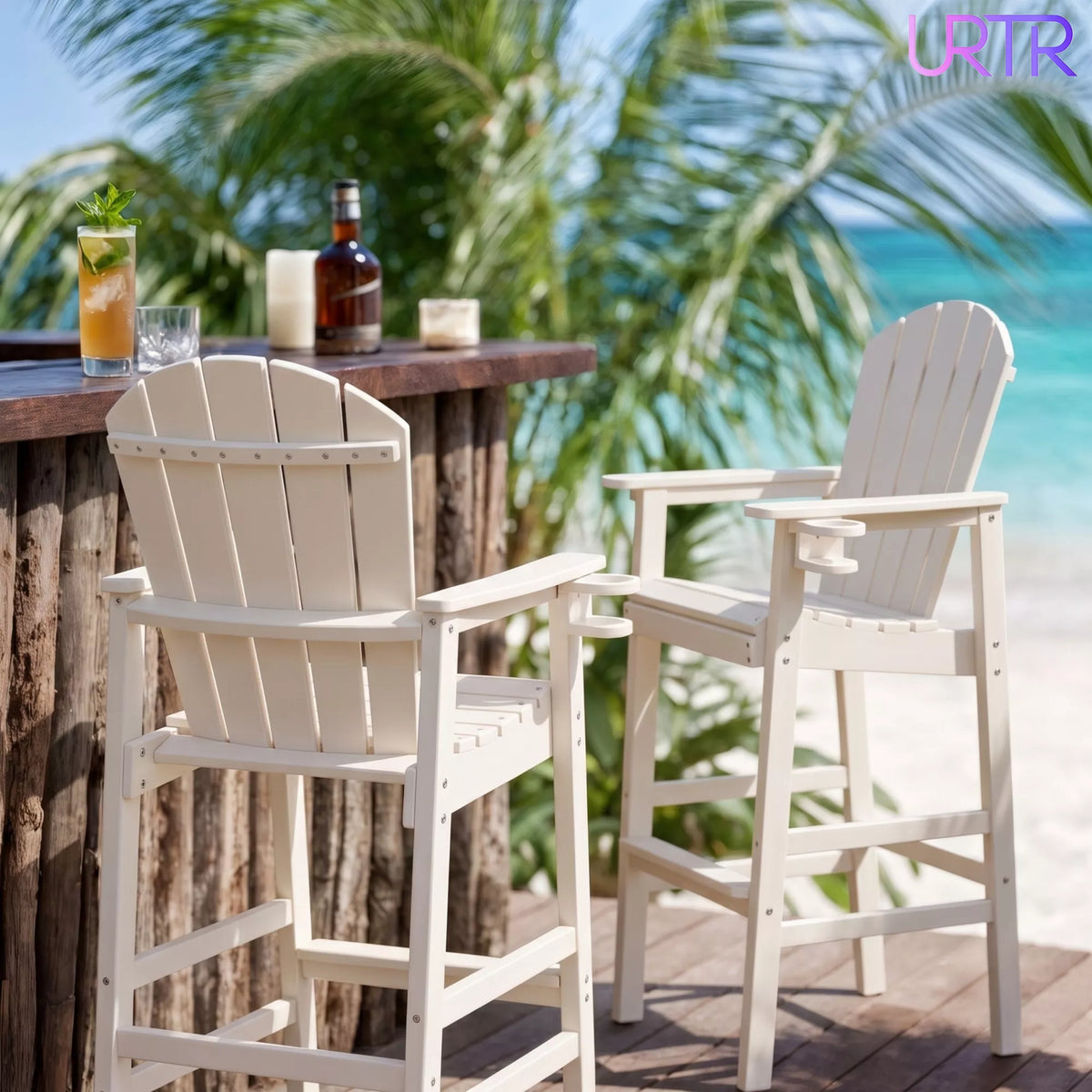 URTR Tall Plastic Adirondack Bar Chair with Cup Holder & Armrests – Outdoor Patio Barstool