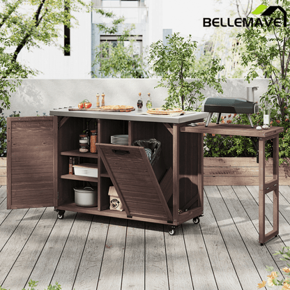 Bellemave® 78.3" Outdoor Kitchen Island with Foldable Grill Table, Solid Wood Grill Cart with Storage & Stainless Steel Top, Bar Cart for Lawn & Garden, Black - Bellemave