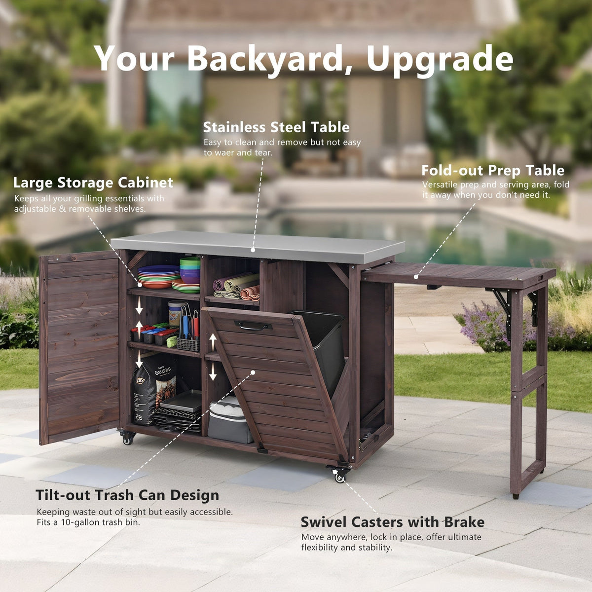 Bellemave® 78.3" Outdoor Kitchen Island with Foldable Grill Table, Solid Wood Grill Cart with Storage & Stainless Steel Top, Bar Cart for Lawn & Garden, Black - Bellemave