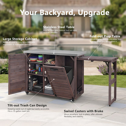 Bellemave® 78.3" Outdoor Kitchen Island with Foldable Grill Table, Solid Wood Grill Cart with Storage & Stainless Steel Top, Bar Cart for Lawn & Garden, Black - Bellemave