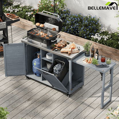 Bellemave® 78.3" Outdoor Kitchen Island with Foldable Grill Table, Solid Wood Grill Cart with Storage & Stainless Steel Top, Bar Cart for Lawn & Garden, Black - Bellemave