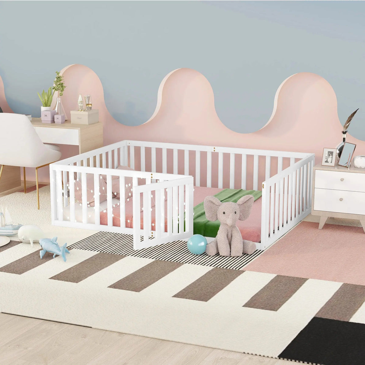 Bellemave® Full Size Wood Floor Bed Frame with Fence and Door - Bellemave