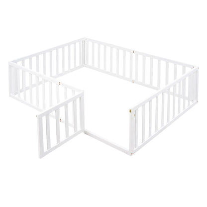Bellemave® Full Size Wood Floor Bed Frame with Fence and Door - Bellemave