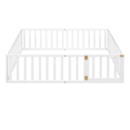 Bellemave® Full Size Wood Floor Bed Frame with Fence and Door - Bellemave