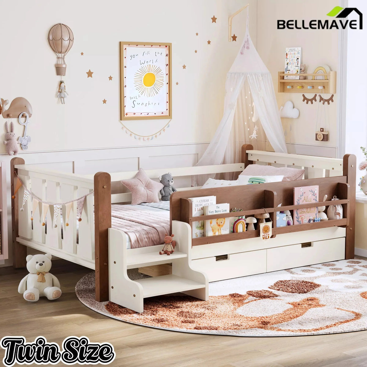 Bellemave® Kids Floor Bed with Storage Bookcases & Drawers, Solid Wood Montessori Floor Bed with Guardrails and Cute Stairs, No Box Spring Needed - Bellemave