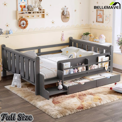 Bellemave® Kids Floor Bed with Storage Bookcases & Drawers, Solid Wood Montessori Floor Bed with Guardrails and Cute Stairs, No Box Spring Needed - Bellemave