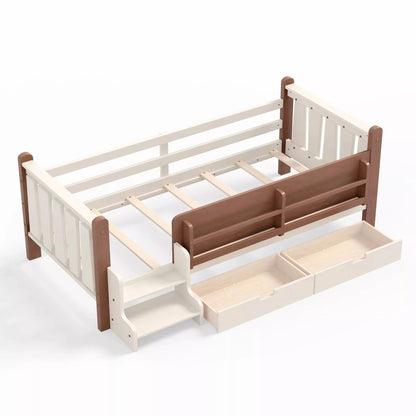 Bellemave® Kids Floor Bed with Storage Bookcases & Drawers, Solid Wood Montessori Floor Bed with Guardrails and Cute Stairs, No Box Spring Needed - Bellemave