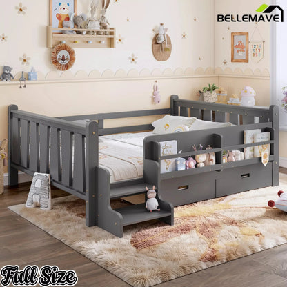 Bellemave® Kids Floor Bed with Storage Bookcases & Drawers, Solid Wood Montessori Floor Bed with Guardrails and Cute Stairs, No Box Spring Needed - Bellemave