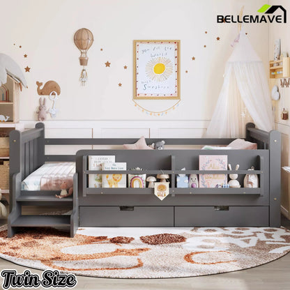 Bellemave® Kids Floor Bed with Storage Bookcases & Drawers, Solid Wood Montessori Floor Bed with Guardrails and Cute Stairs, No Box Spring Needed - Bellemave
