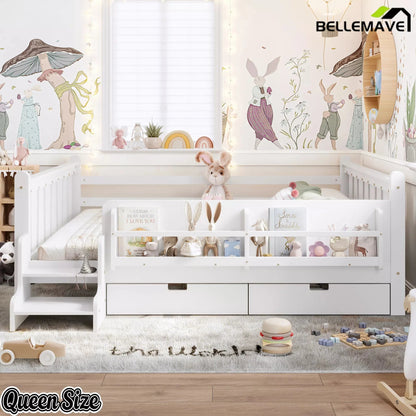 Bellemave® Kids Floor Bed with Storage Bookcases & Drawers, Solid Wood Montessori Floor Bed with Guardrails and Cute Stairs, No Box Spring Needed - Bellemave