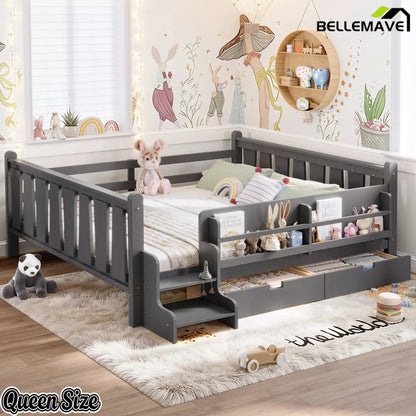 Bellemave® Kids Floor Bed with Storage Bookcases & Drawers, Solid Wood Montessori Floor Bed with Guardrails and Cute Stairs, No Box Spring Needed - Bellemave