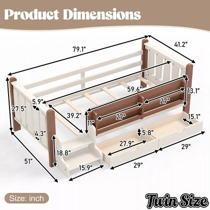 Bellemave® Kids Floor Bed with Storage Bookcases & Drawers, Solid Wood Montessori Floor Bed with Guardrails and Cute Stairs, No Box Spring Needed - Bellemave