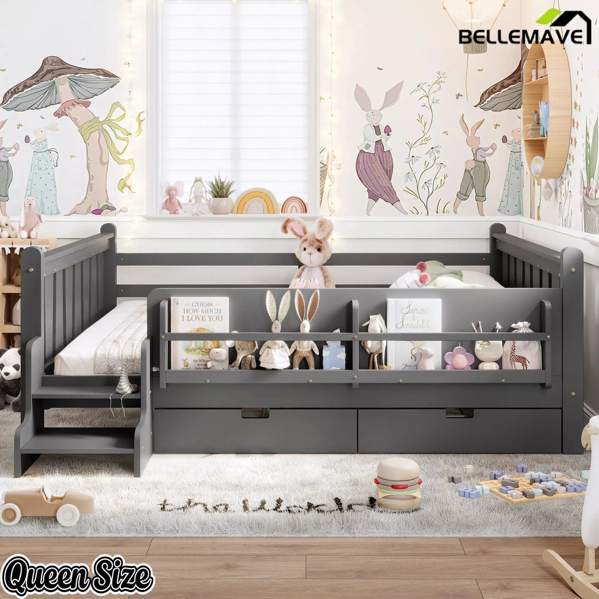 Bellemave® Kids Floor Bed with Storage Bookcases & Drawers, Solid Wood Montessori Floor Bed with Guardrails and Cute Stairs, No Box Spring Needed - Bellemave